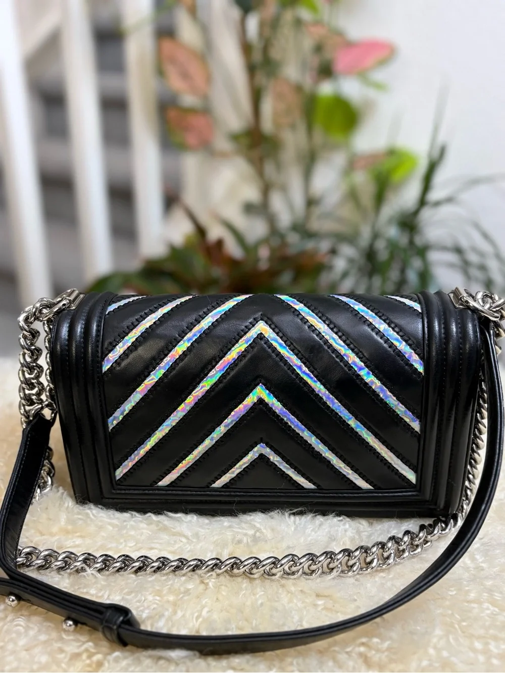 CHANEL Lambskin Iridescent PVC Chevron Quilted Medium Boy Flap Black Silver